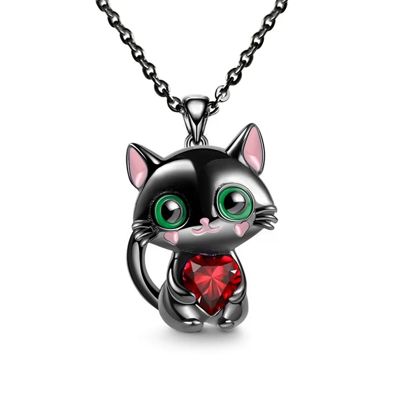 Black Cat Heart Rhinestone Kitty Pendant Necklace