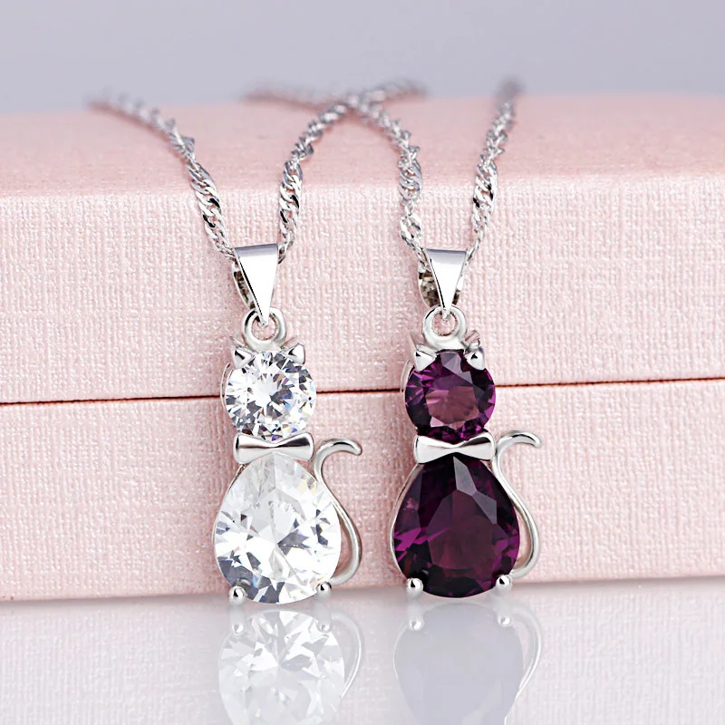 Cat and Amethyst Crystal Pendant Necklace