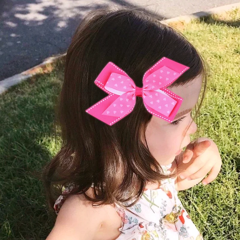 Heart Print Ribbon Bow Clip