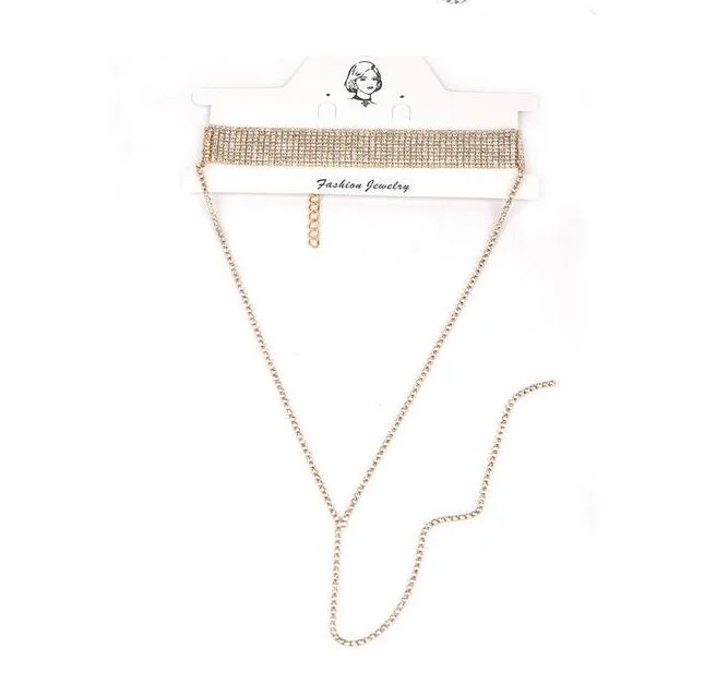 Rhinestone Choker With Drop Chain