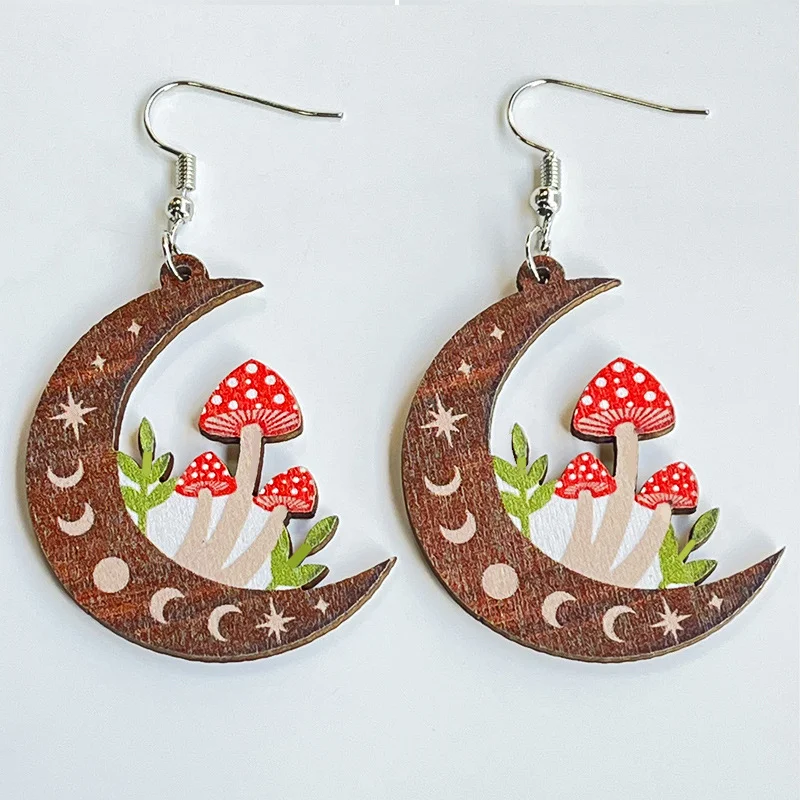 Wooden Moon And Mushroom Earrings