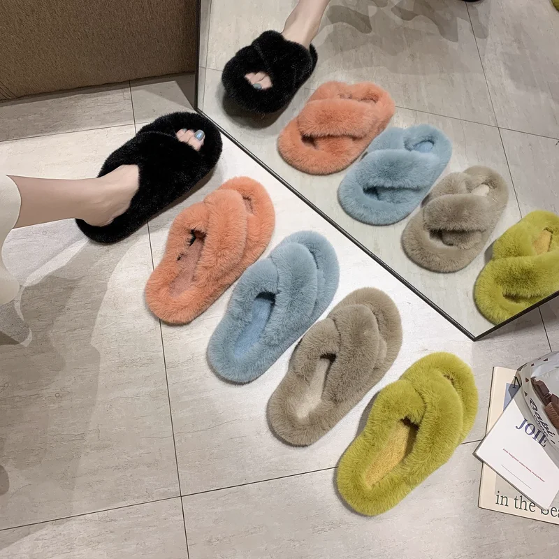 Crossed Strap Furry Slippers