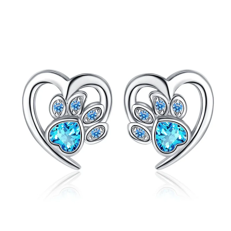 Blue Paw And Heart Stud Earrings