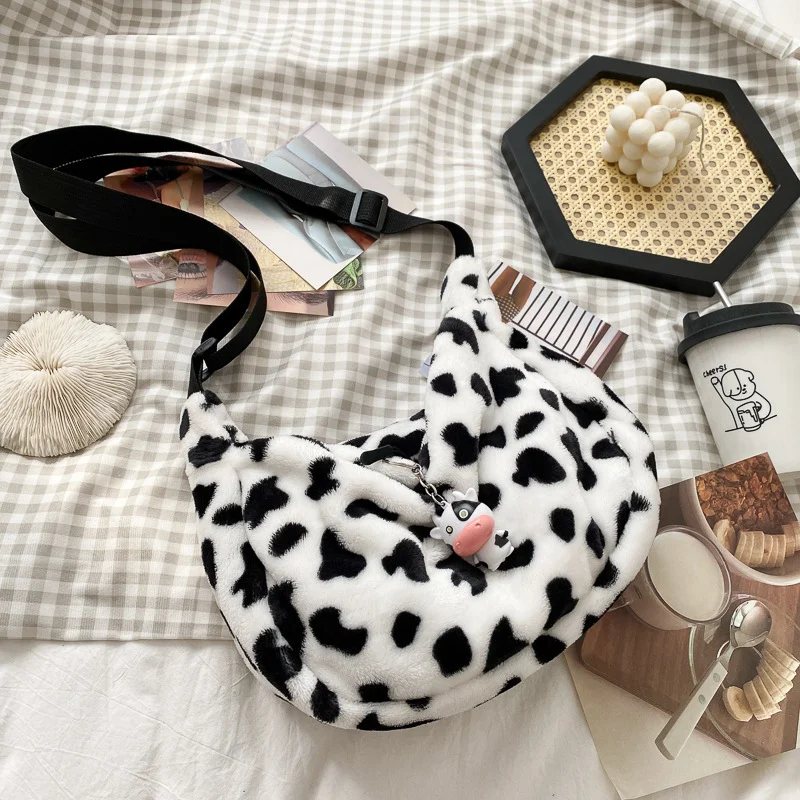 Cow Print Plush Crossbody Bag