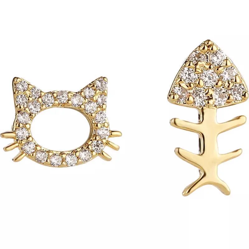 Cat And Fish Bone Stud Earrings
