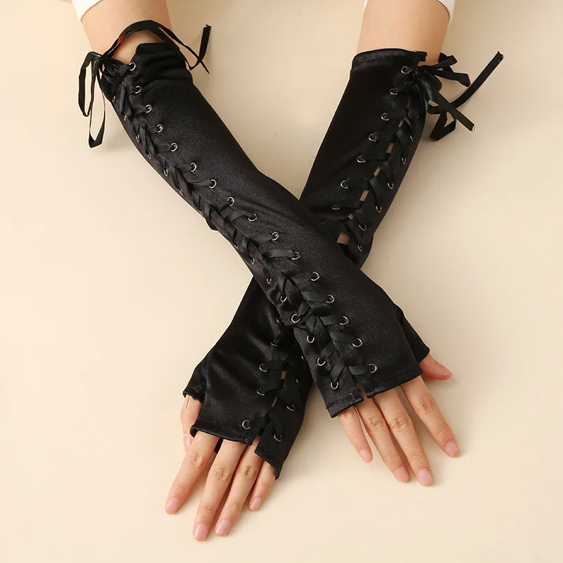 Black Satin Lace-Up Fingerless Gloves