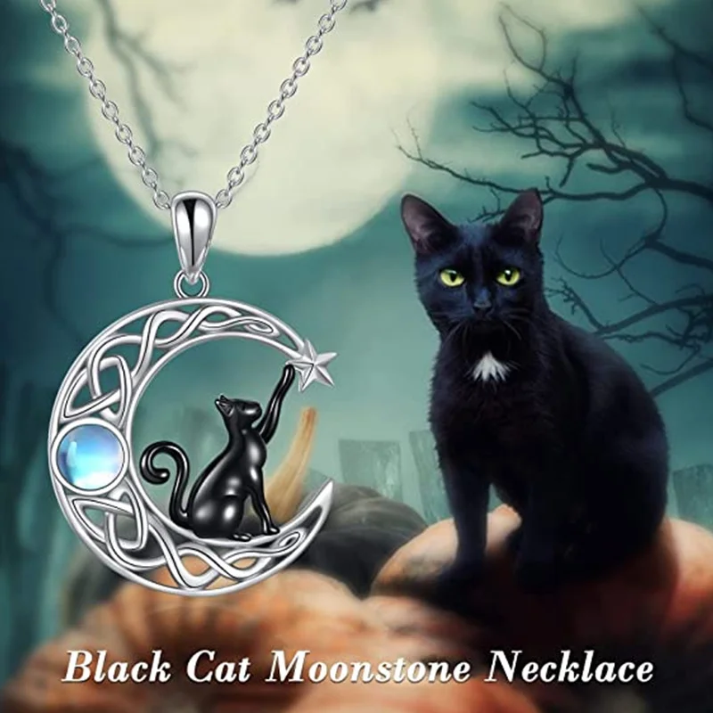 Moon Star Black Cat Pendant Necklace