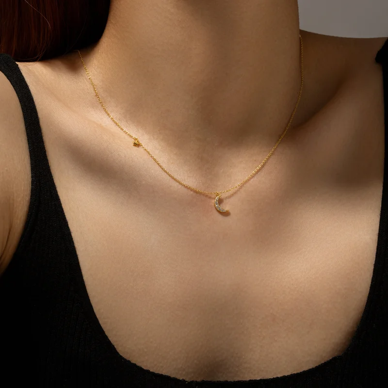 Moon and Star Zircon Pendant Necklace