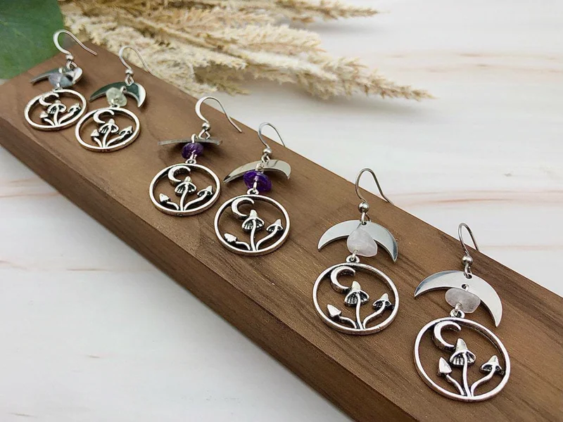 Mushroom Crescent Moon Earrings