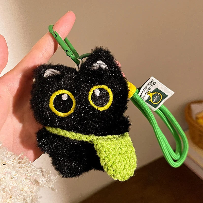 Squeaky Big-Eyed Black Cat Plush Keychain