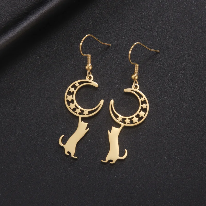 Star Moon Cat Drop Earrings