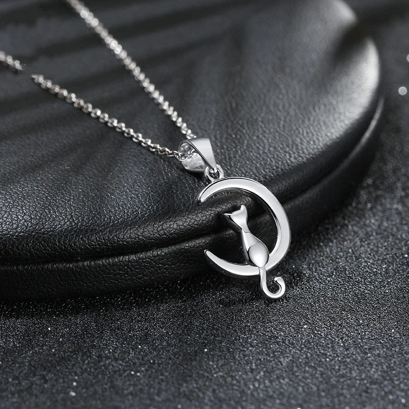 Silver-Tone Moon Cat Necklace